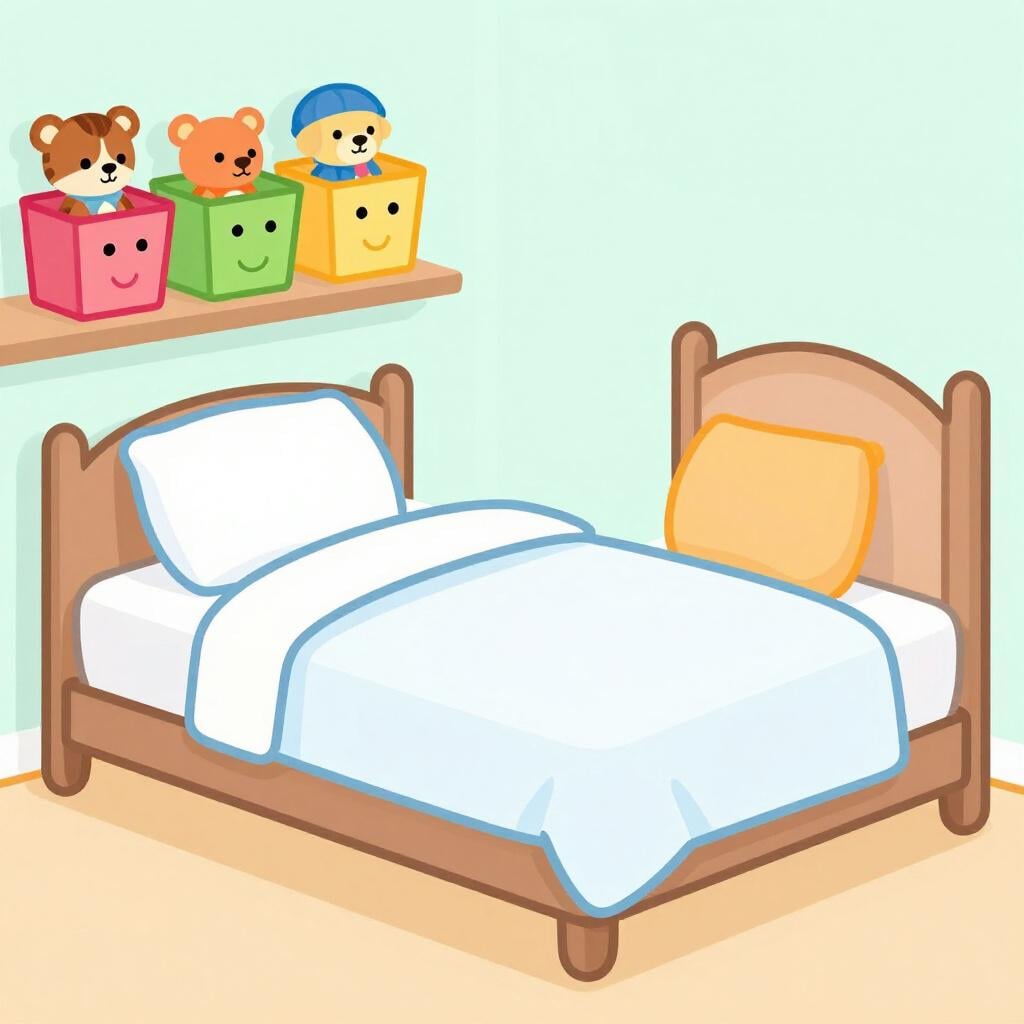 Una camera da letto ordinata e organizzata con giocattoli nelle scatole e un letto rifatto.