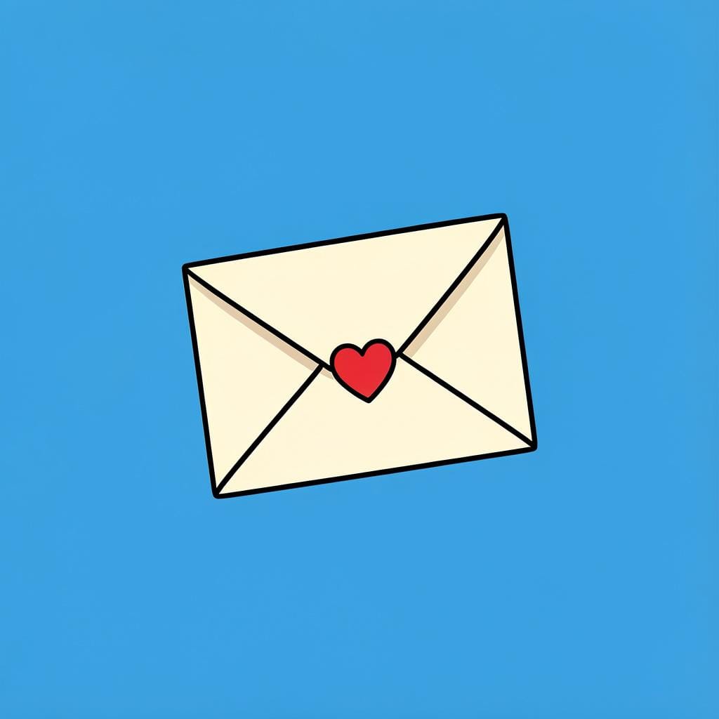 An envelope with a red heart seal floating in a blue sky.