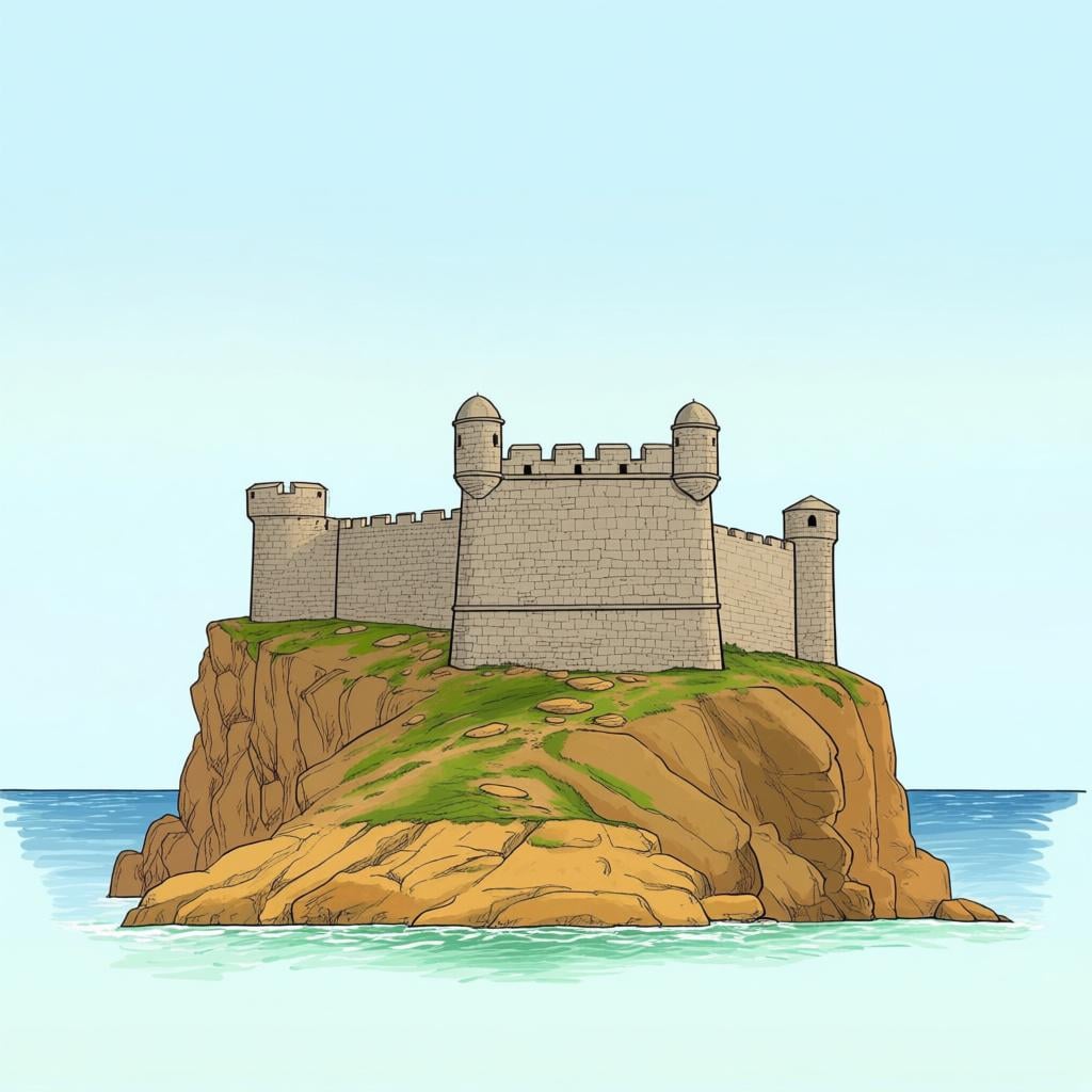 A classic, simple illustration of a stone military fort with high walls and towers situated on a hill overlooking a bay.