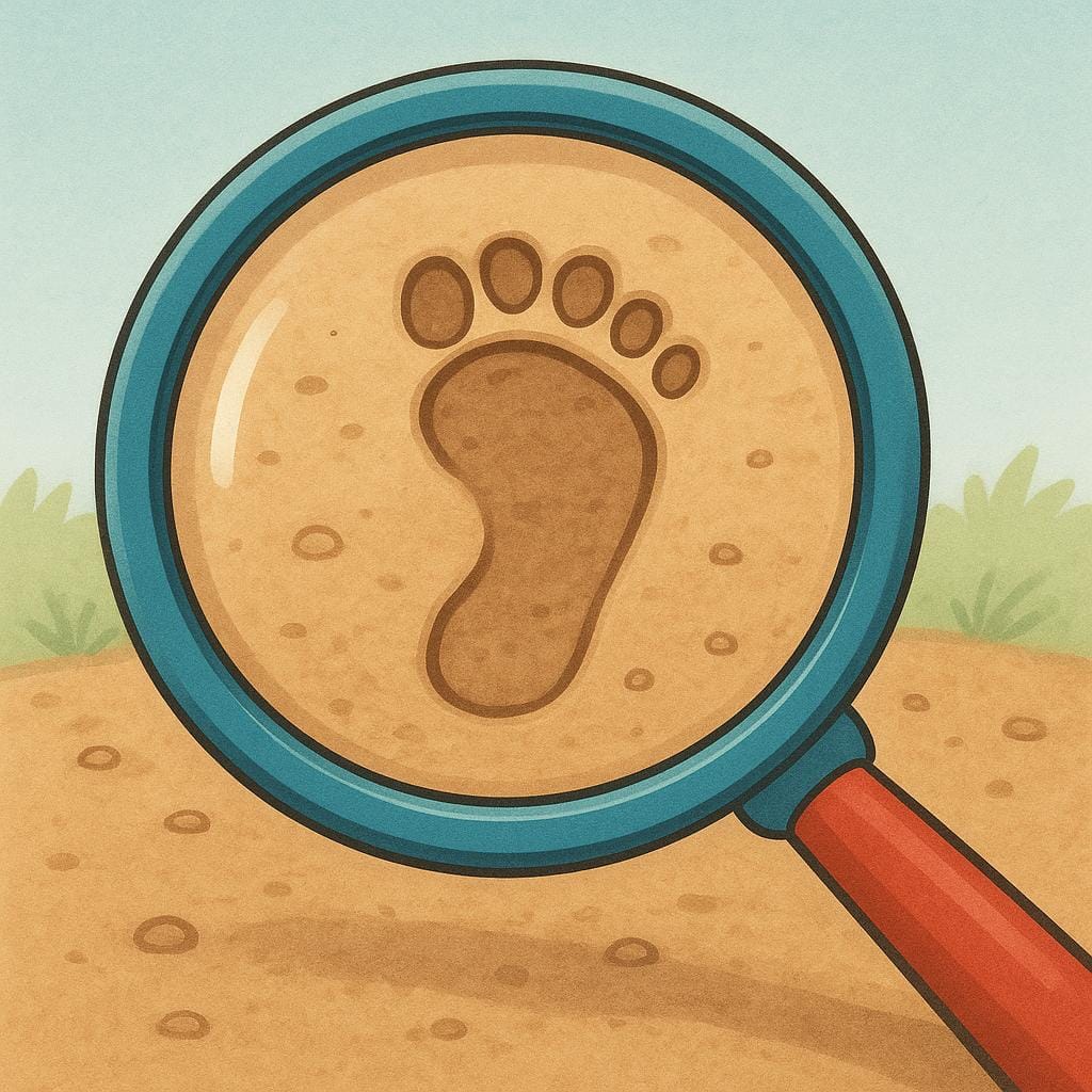 A close-up view of a large magnifying glass held over a distinct footprint pressed into brown soil, symbolizing forensic inquiry.