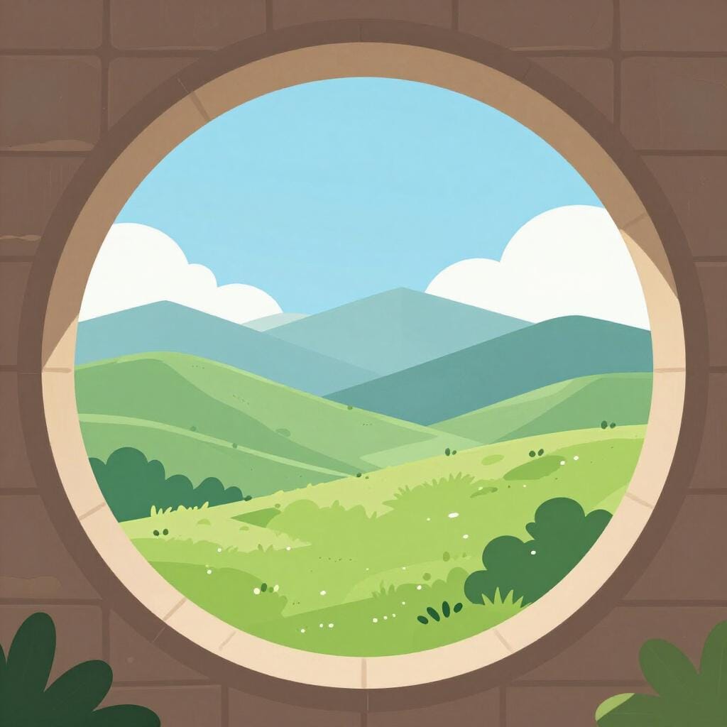 A wide landscape seen through a large circular stone archway.