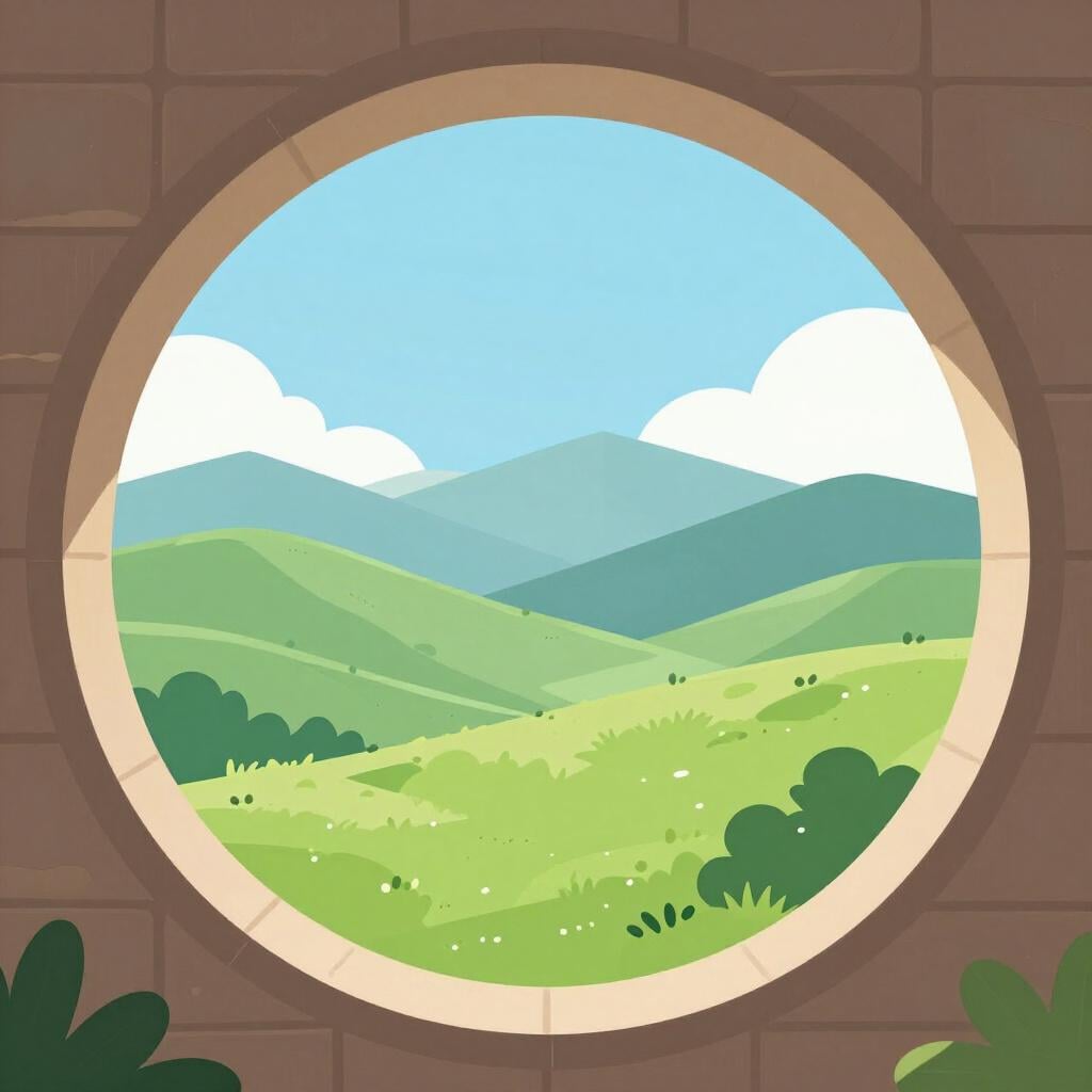 A wide landscape seen through a large circular stone archway.