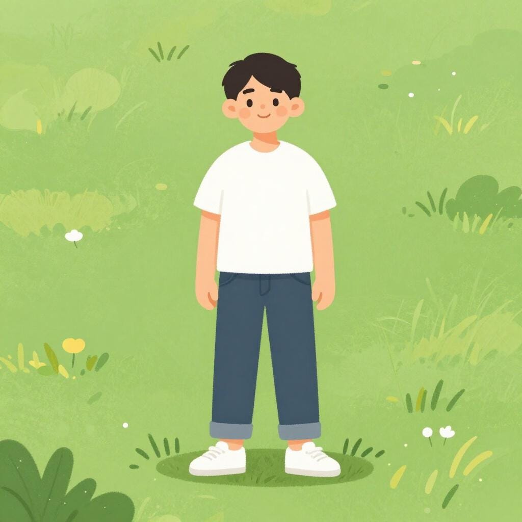 Een vrolijke jonge man die buiten staat in een eenvoudig T-shirt en jeans.