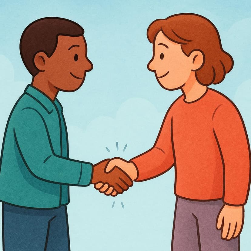 Two friendly, stylized figures standing face-to-face, shaking hands firmly in a gesture of introduction.