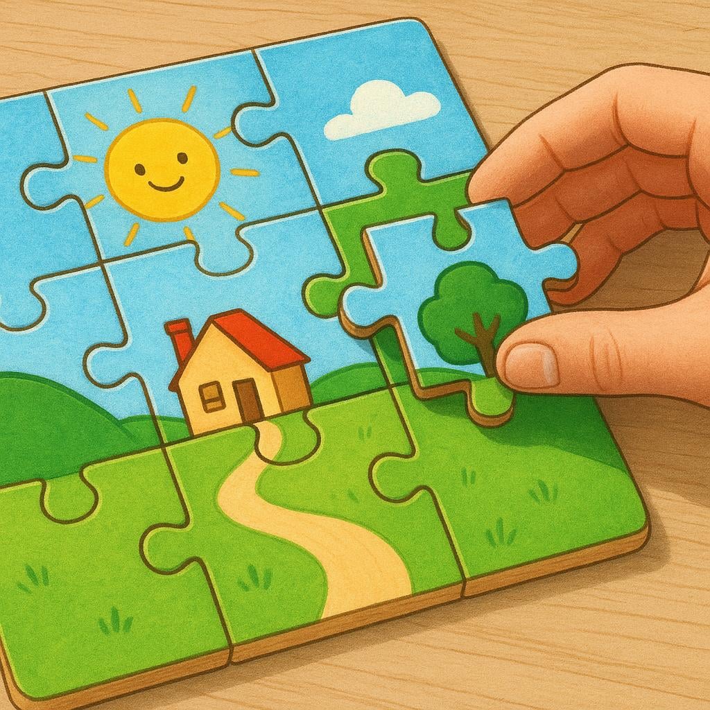 A close-up of a hand placing the final piece into a colorful, completed jigsaw puzzle.