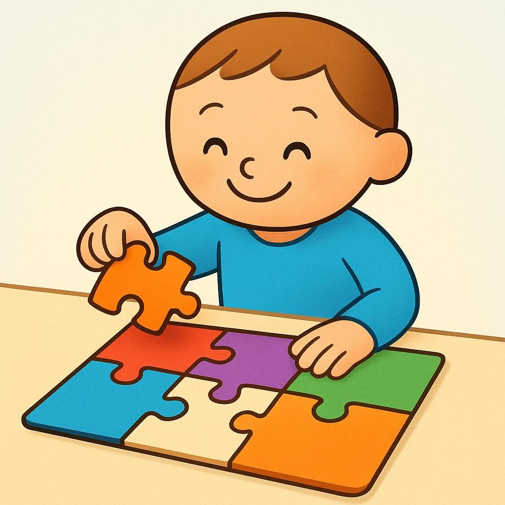 A simplistic storybook illustration of a figure happily fitting the final, brightly colored piece into a simple puzzle, symbolizing the moment of understanding or comprehension.