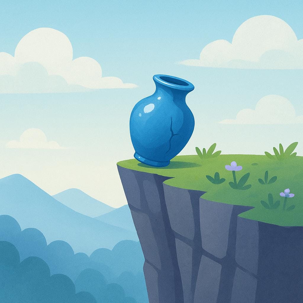 A delicate blue vase balanced precariously close to the edge of a steep brown cliff face.
