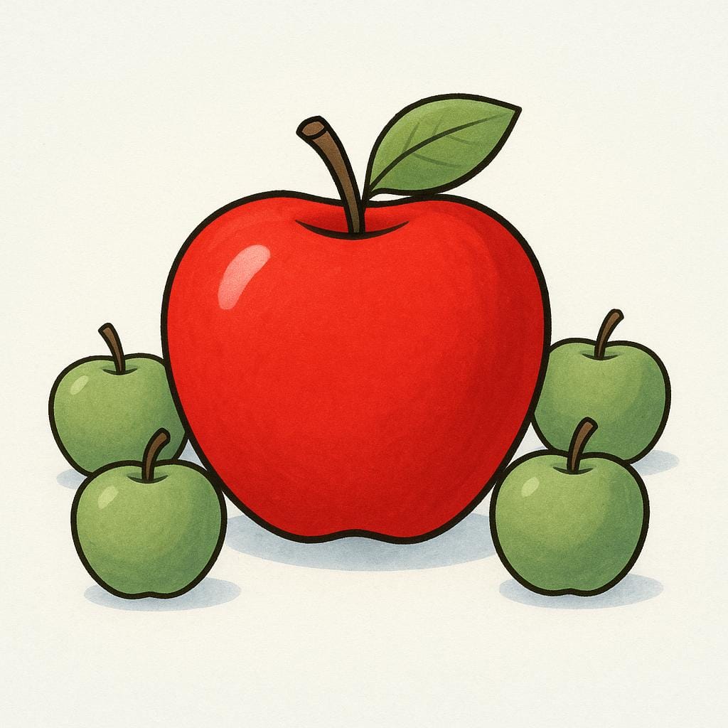 A single large, brightly colored red apple placed prominently among several smaller, muted green apples.