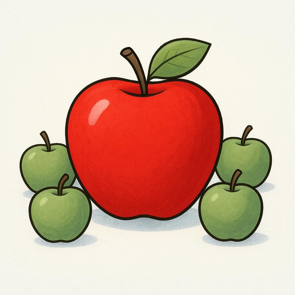 A single large, brightly colored red apple placed prominently among several smaller, muted green apples.