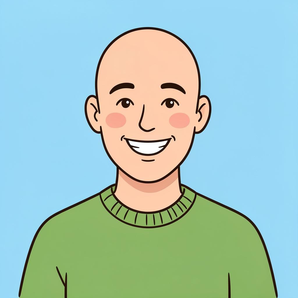 Een vriendelijk lachende man met een volledig kaal hoofd die een eenvoudige groene trui draagt.