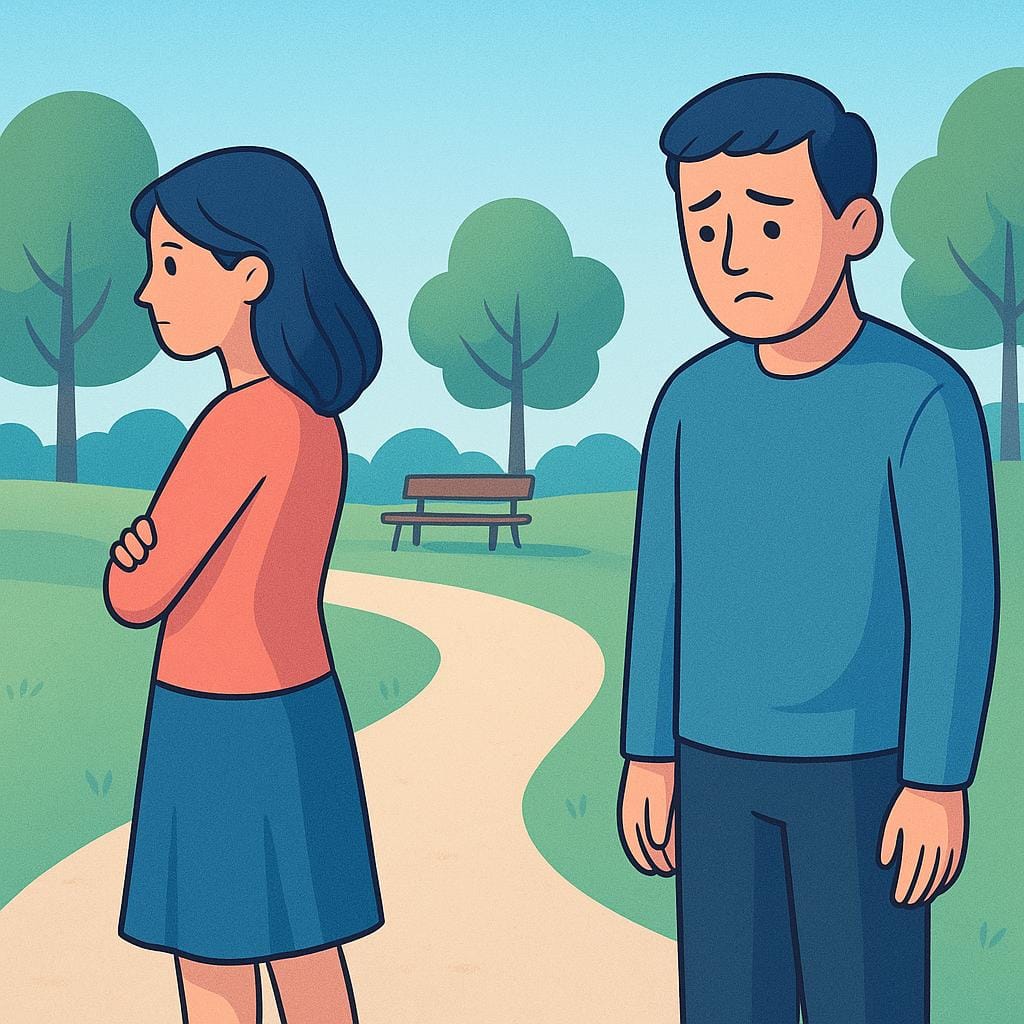 Un uomo e una donna in piedi separati in un parco, mostrando tristezza e distanza emotiva, simboleggiando la fine di una relazione.