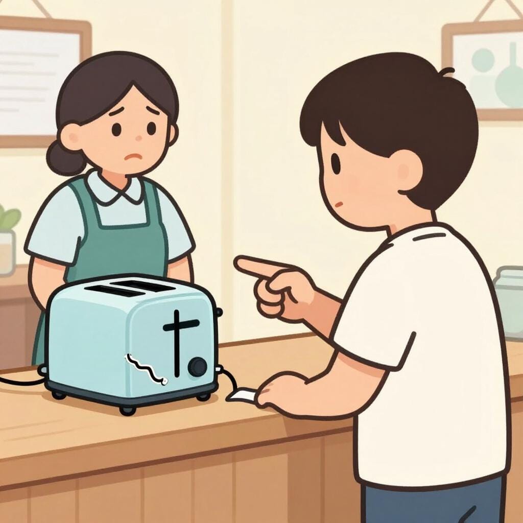 불만스러워하는 사람이 가게 카운터 위에서 고장난 토스터기를 가리키고 있는 모습.