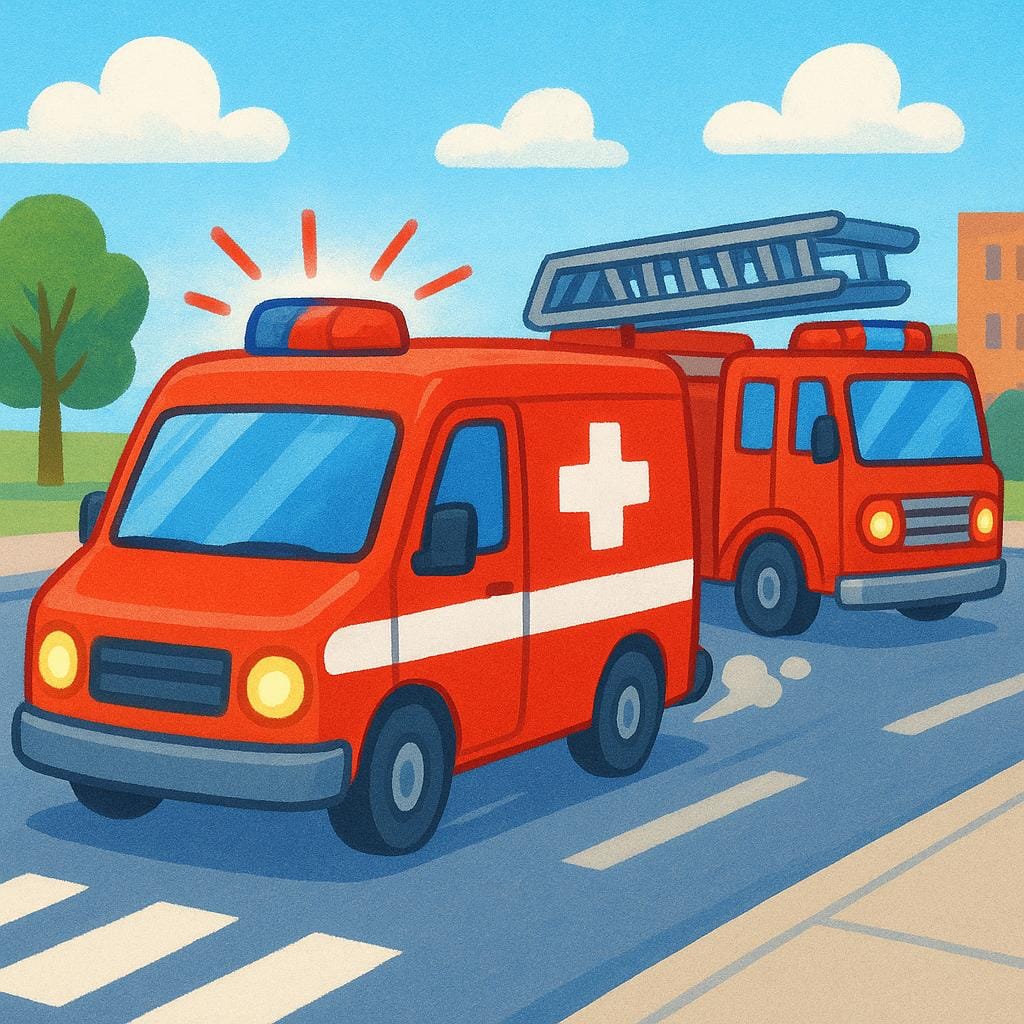 A bright red ambulance and a fire truck speeding down a road with flashing lights, representing multiple urgent emergencies.