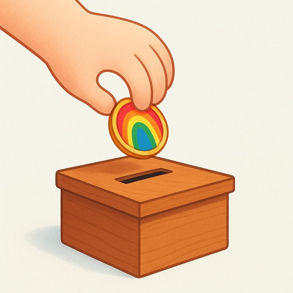 A close-up view of a simplified human hand dropping a single gold coin into a small, empty wooden cash box, symbolizing a completed transaction or payment.