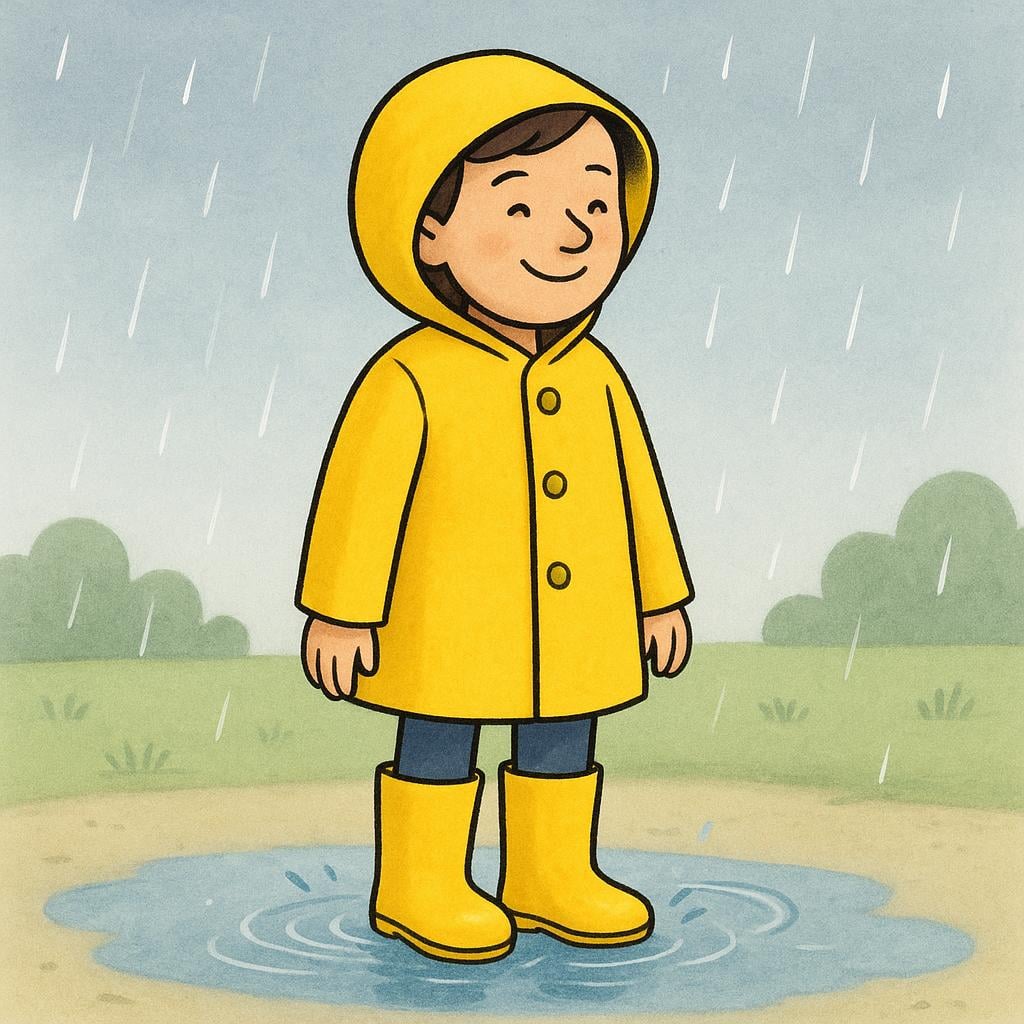 A figure wearing a bright yellow raincoat and matching yellow rain boots, standing under a gentle drizzle.