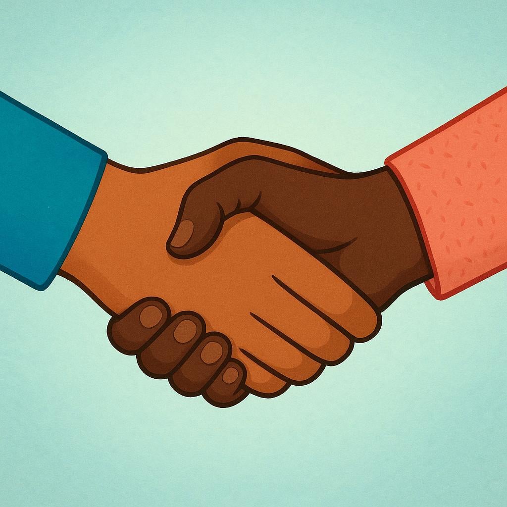 A simple storybook illustration depicting two different hands firmly grasping each other in a handshake, symbolizing a mutual agreement.