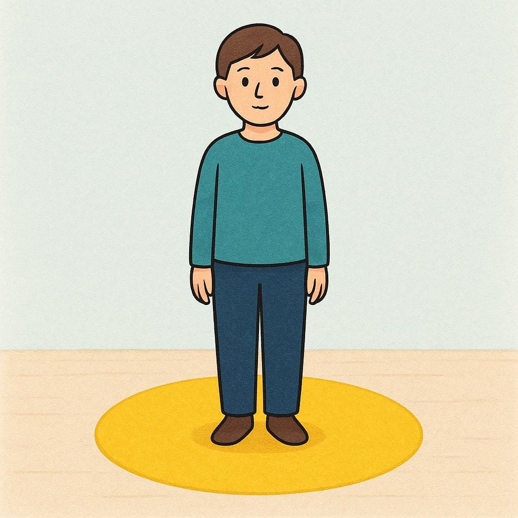 A simple, stylized figure standing perfectly upright and still on a small, marked yellow circle on the ground.
