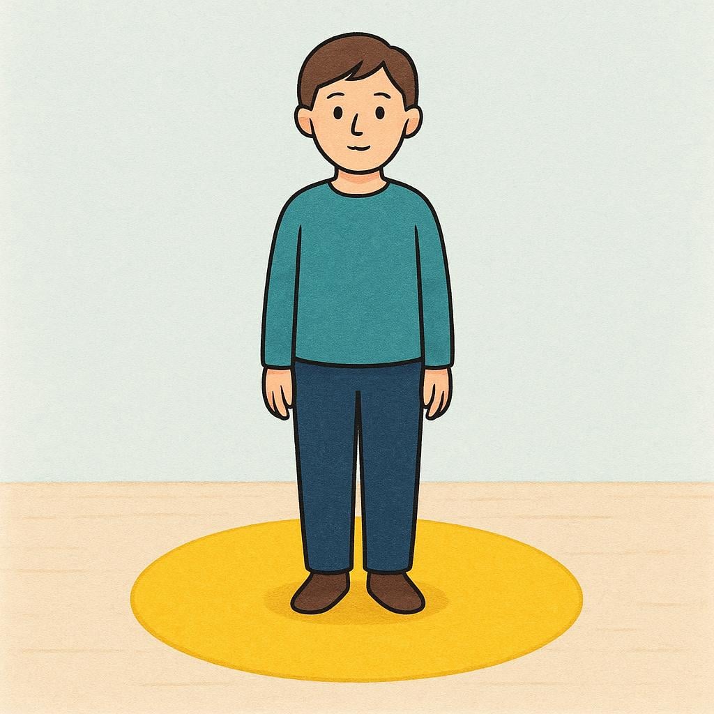 A simple, stylized figure standing perfectly upright and still on a small, marked yellow circle on the ground.