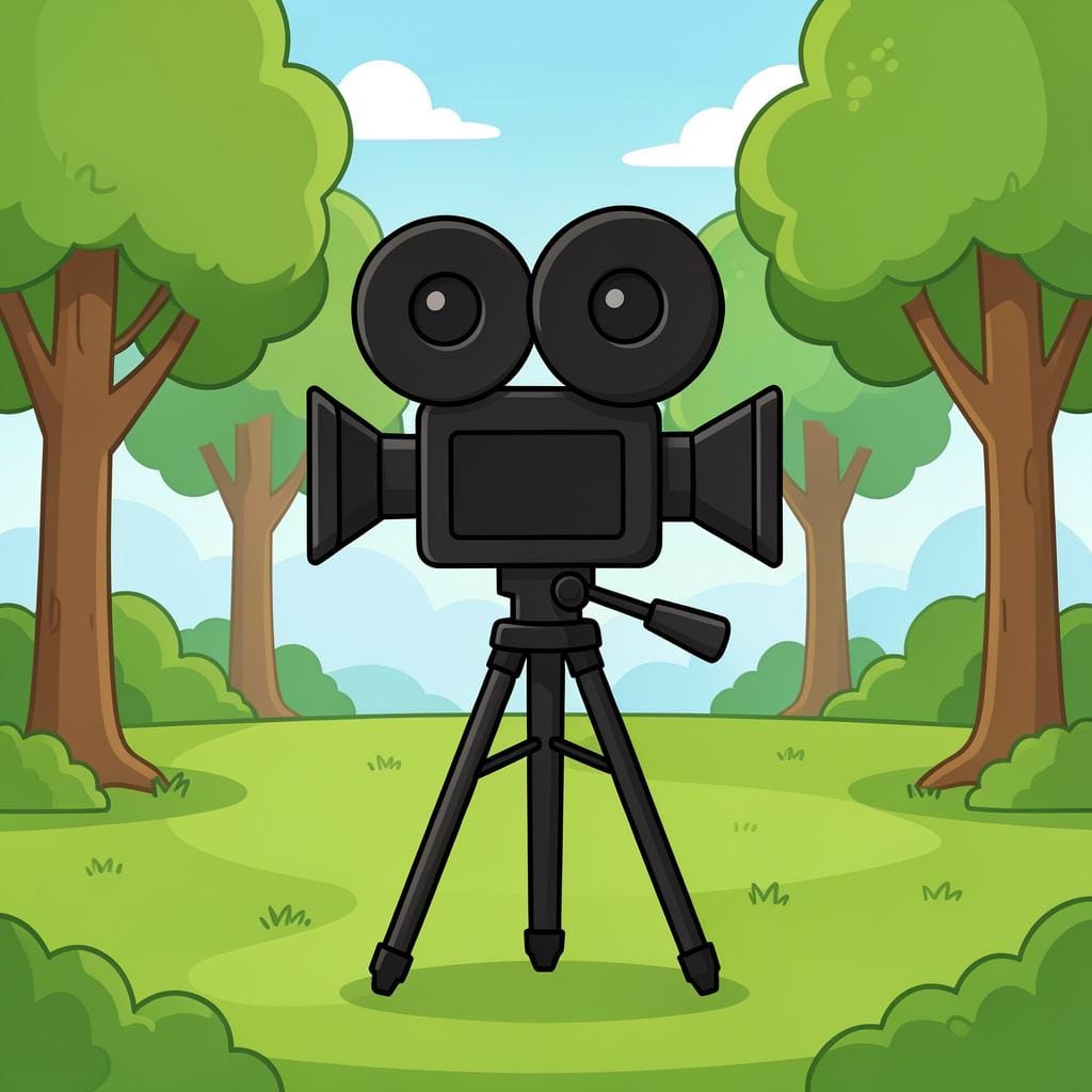 A professional movie camera on a tripod pointed toward a beautiful outdoor scene.