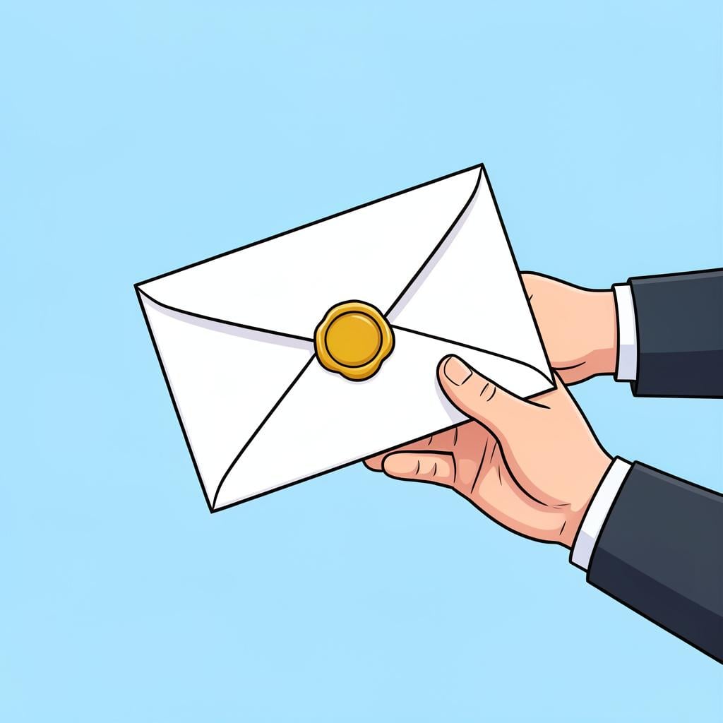 A person handing a sealed envelope with a golden wax seal to another person.