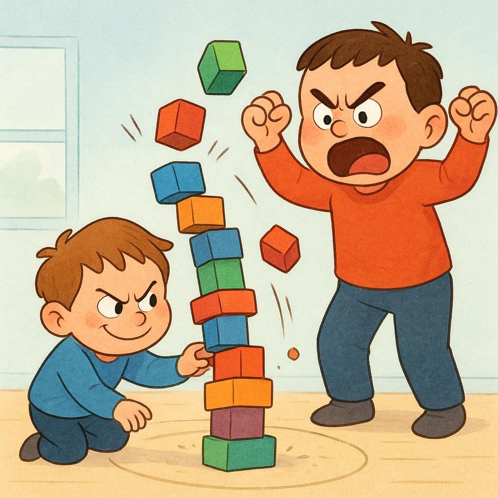 A scene illustrating conflict: a mischievous character is laughing while tipping over a tower of blocks built by another character, who reacts immediately with an expression of intense rage and disappointment.