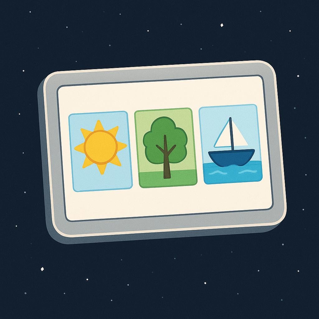 A stylized rectangular screen interface floating in space, displaying three small distinct picture windows inside it: a bright yellow sun, a green tree, and a simple blue boat, representing different internet sites.