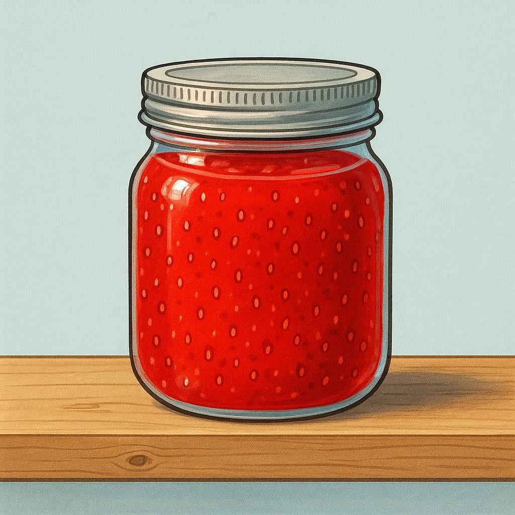 A transparent glass jar tightly sealed and filled with bright red strawberry jam, sitting on a wooden surface.