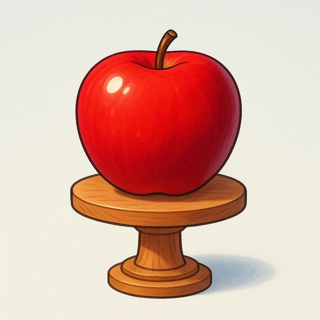 A single, perfectly formed, bright red apple sitting on a simple wooden pedestal, highlighting its flawless quality and standard of excellence.