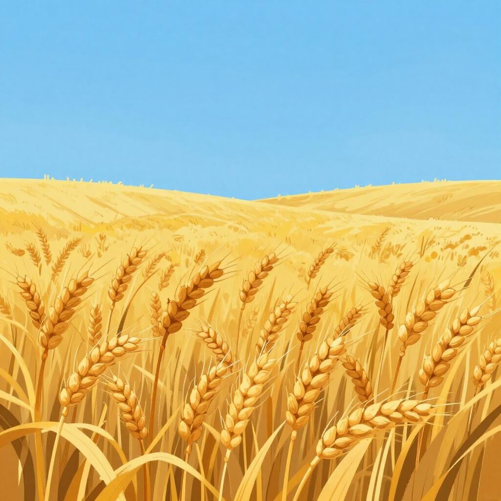 A vast, golden field of ripe wheat swaying under a bright blue sky.