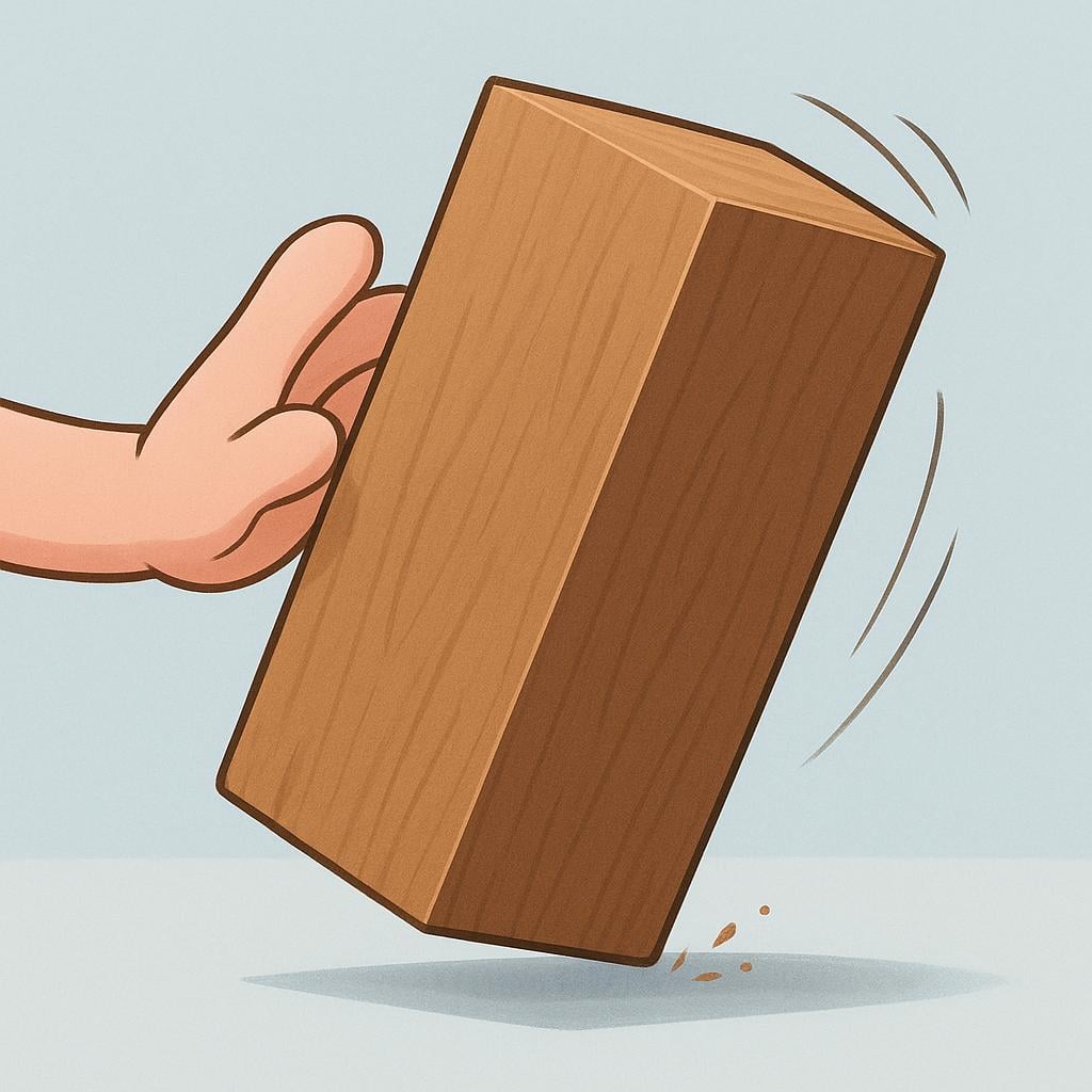 A colorful illustration showing a simple cartoon hand pushing a large, rectangular wooden block, causing the block to tip over onto its side.