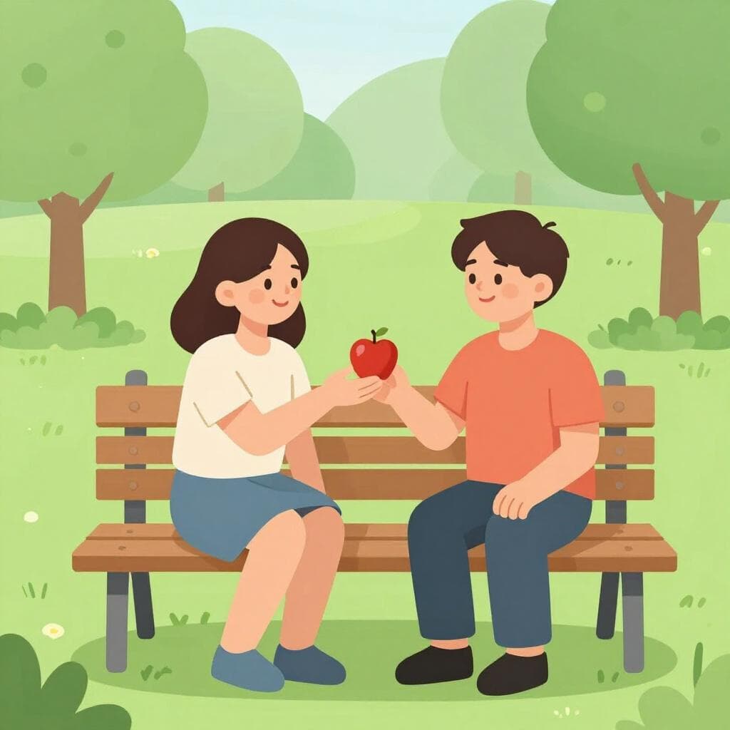 Twee mensen die op een parkbank zitten, elkaar warm toelachen en een kom fruit delen.