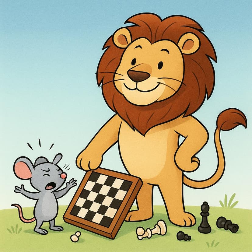 A triumphant cartoon lion stands over a tiny mouse who has surrendered, illustrating the act of defeating someone.