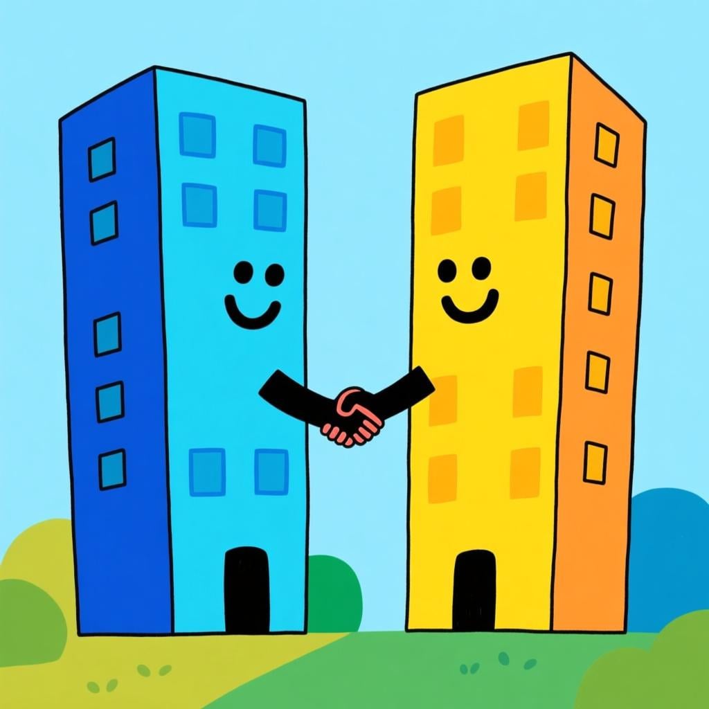 Two tall, brightly colored buildings, one blue and one yellow, with friendly faces shaking hands, representing an allied or friendly relationship between entities.