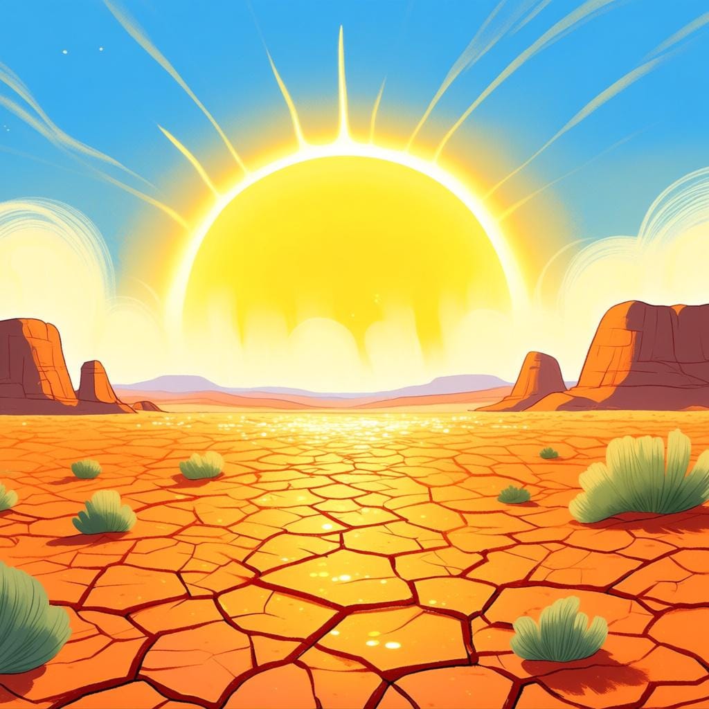 A bright, intensely sunny desert landscape with visible heat haze rising from the cracked earth, symbolizing very high temperatures.