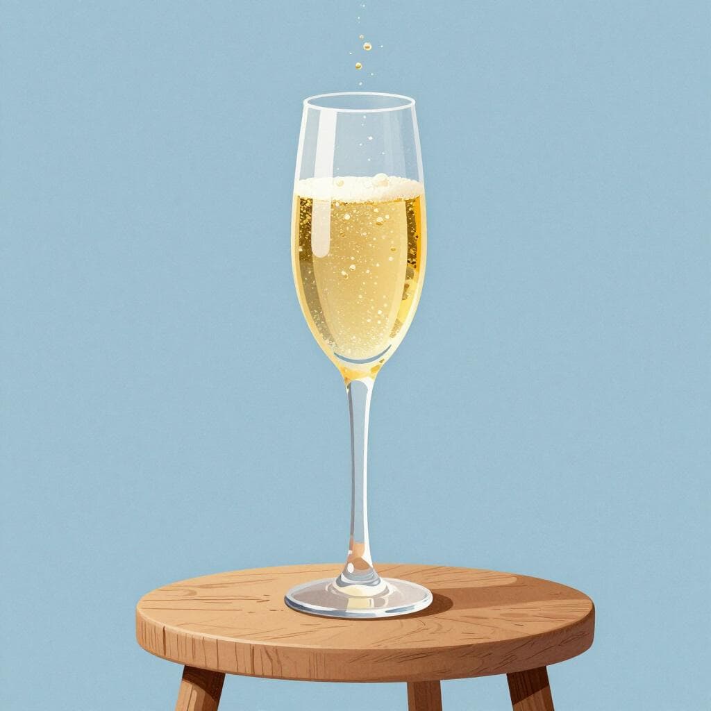 A tall glass flute filled with bubbling golden sparkling wine on a small wooden table.