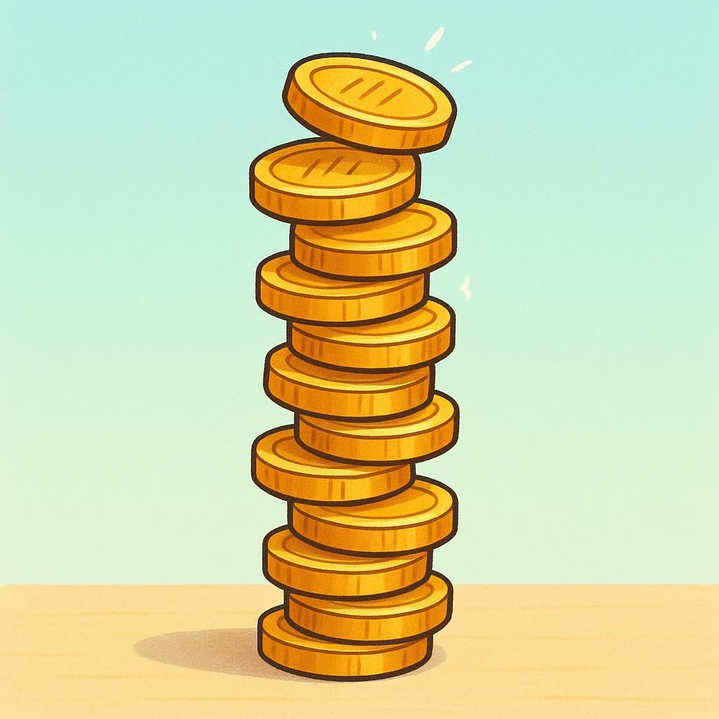 A towering, unstable stack of stylized gold coins growing taller from a flat surface, symbolizing an increase in value.