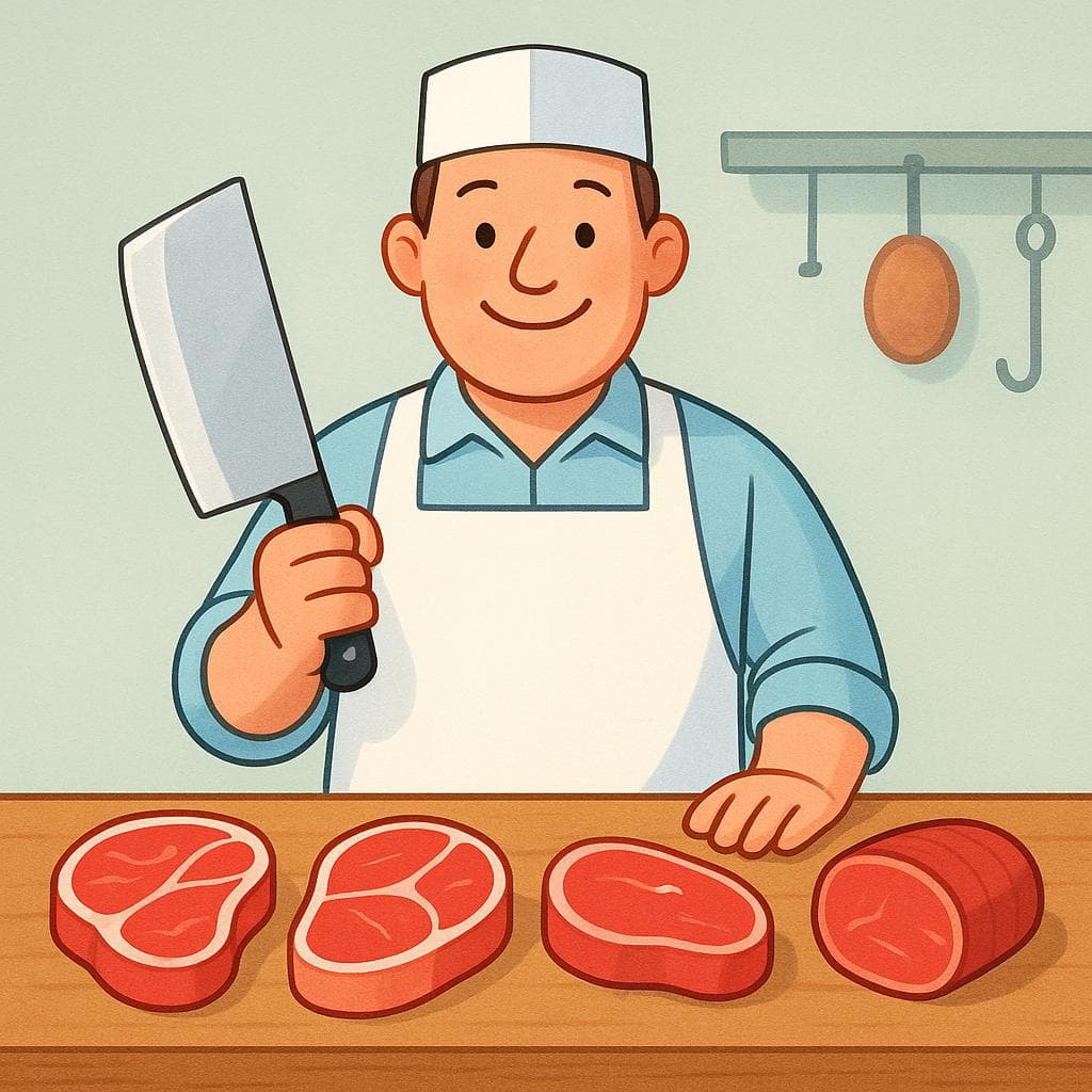 Um açougueiro amigável em pé atrás de um balcão exibindo cortes de carne, segurando uma faca grande.