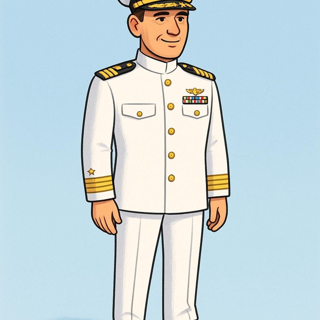 A storybook illustration of an admiral. The figure is wearing a formal white naval uniform with gold trim and prominent rank insignia on the shoulder boards and sleeves.