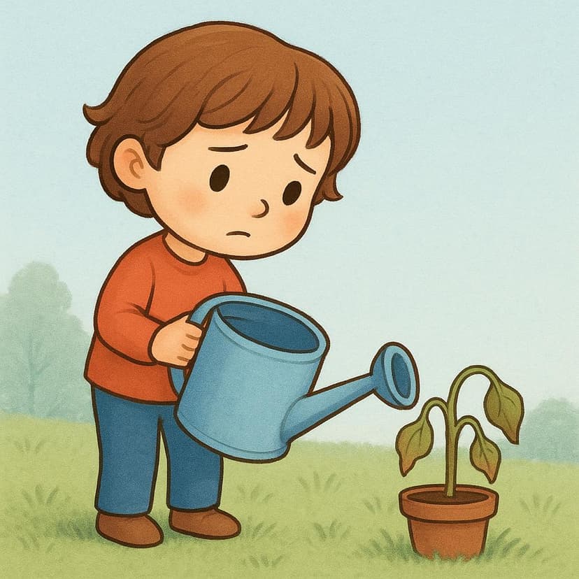 A colorful storybook illustration showing a child holding an empty, oversized watering can. The child is looking intently at a small, wilting plant nearby, symbolizing a future requirement.