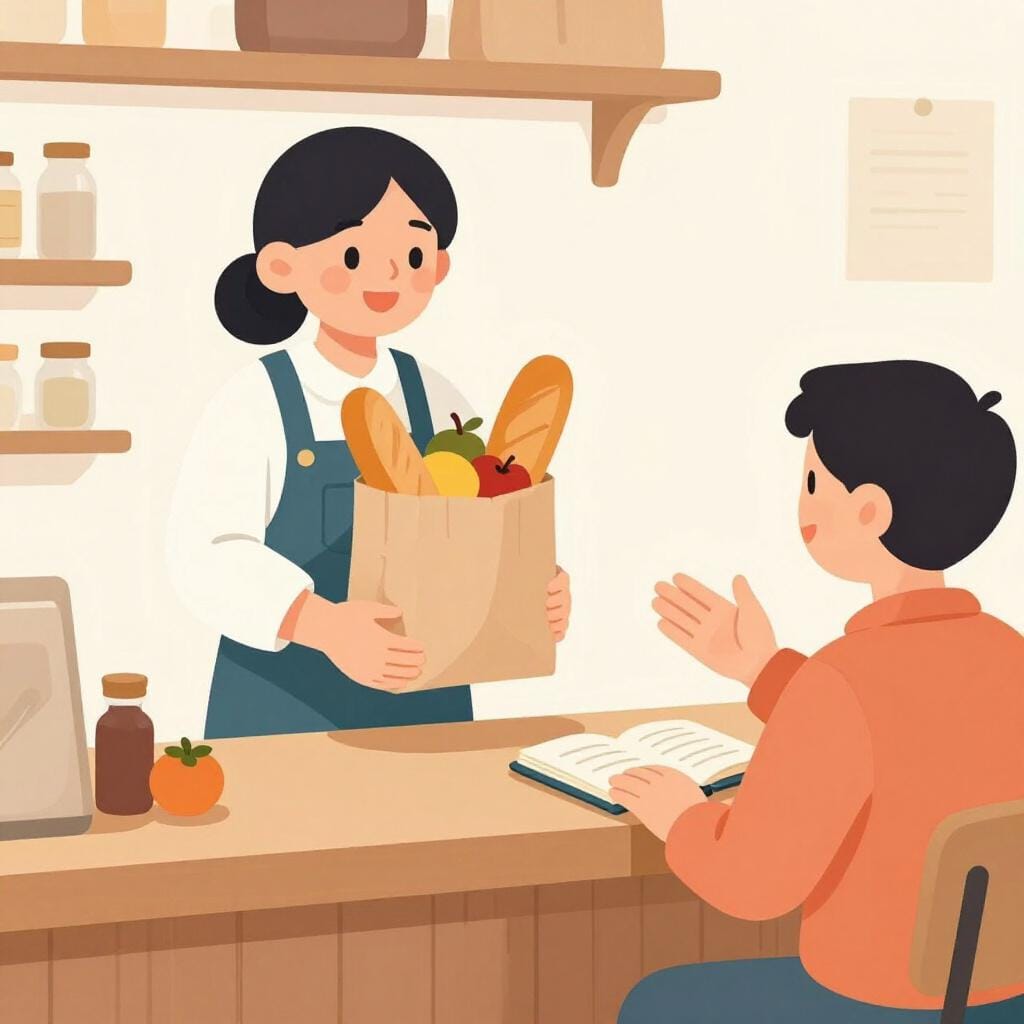 가게 주인이 고객에게 식료품 봉투를 건네고 있으며, 고객은 카운터 위의 작은 수첩을 가리키며 고개를 끄덕이고 있습니다.