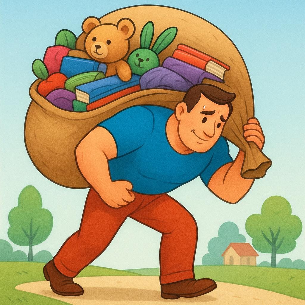 A man carrying a huge, bulging sack over his shoulder that looks extremely heavy, demonstrating being loaded down.