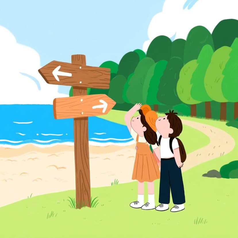 Two friends standing at a wooden signpost, deciding between two different scenic paths, one leading to a sunny beach and the other to a lush forest, symbolizing a suggestion or possibility.