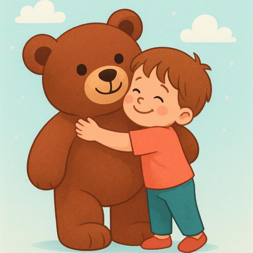 A small child happily hugging a large, friendly teddy bear with great affection, symbolizing deep love and enthusiasm.