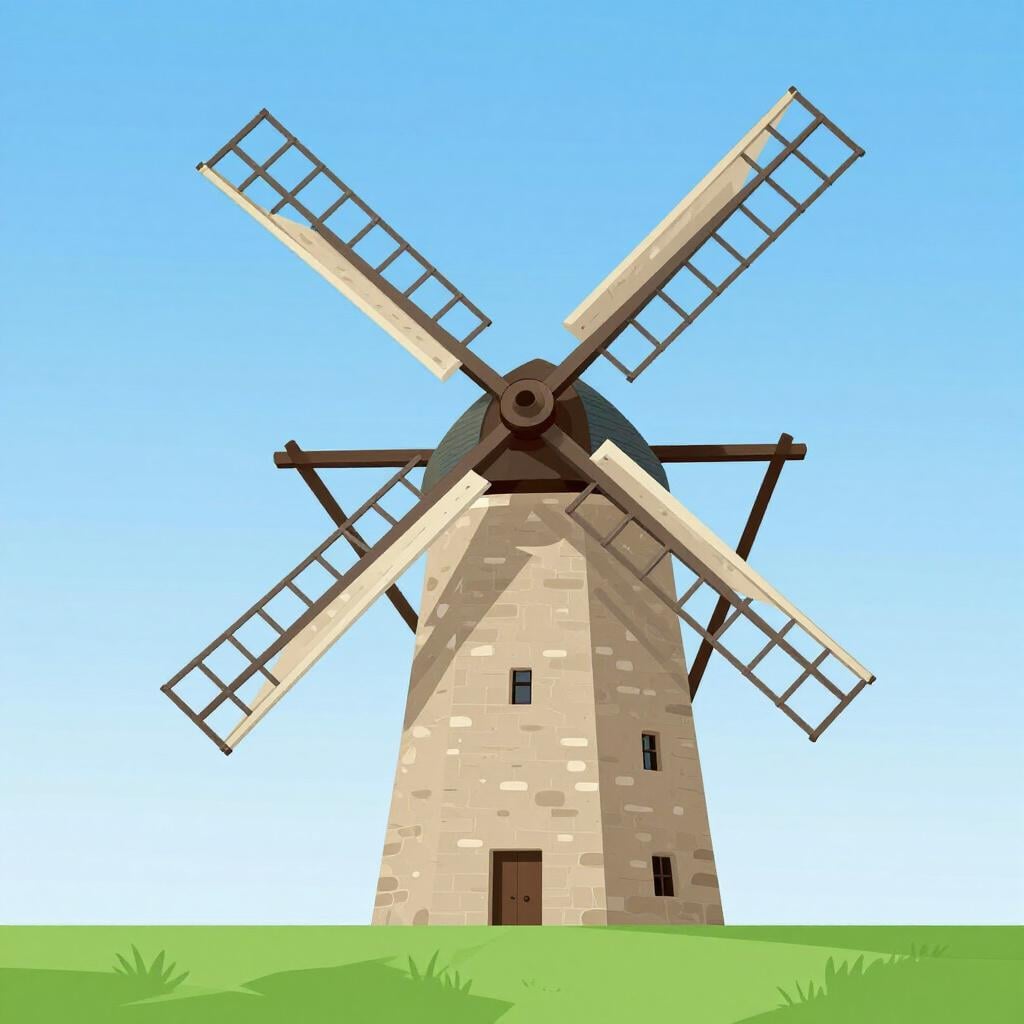 Eine klassische Steinwindmühle mit großen Segeln, die auf einem Feld steht.