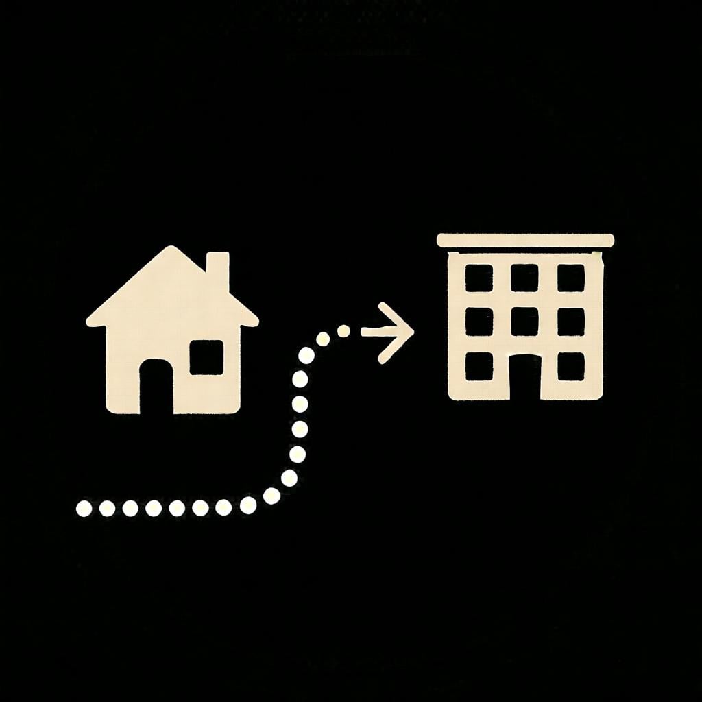 A map showing a dotted-line path from a house icon to an office building icon, indicating a destination.