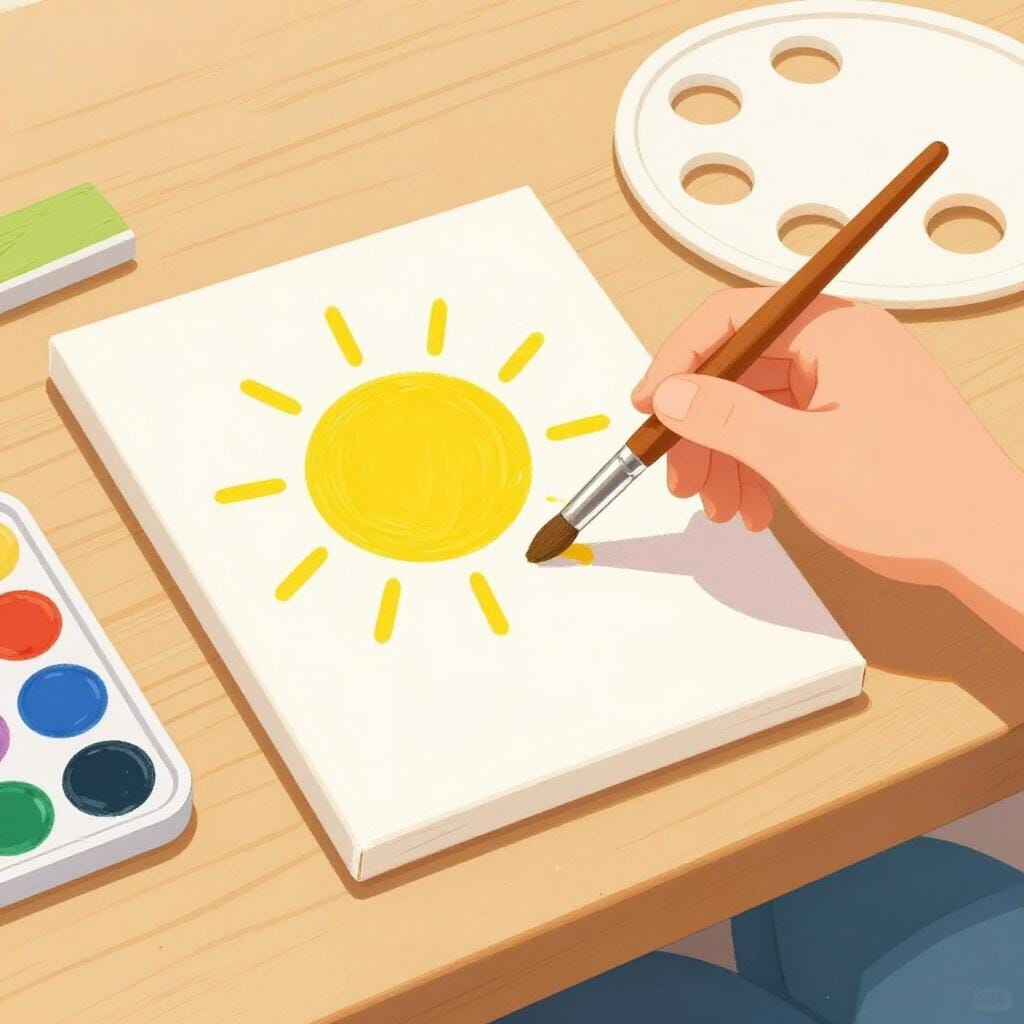 A child picking up a paintbrush to continue painting a colorful picture of a sun on a canvas.
