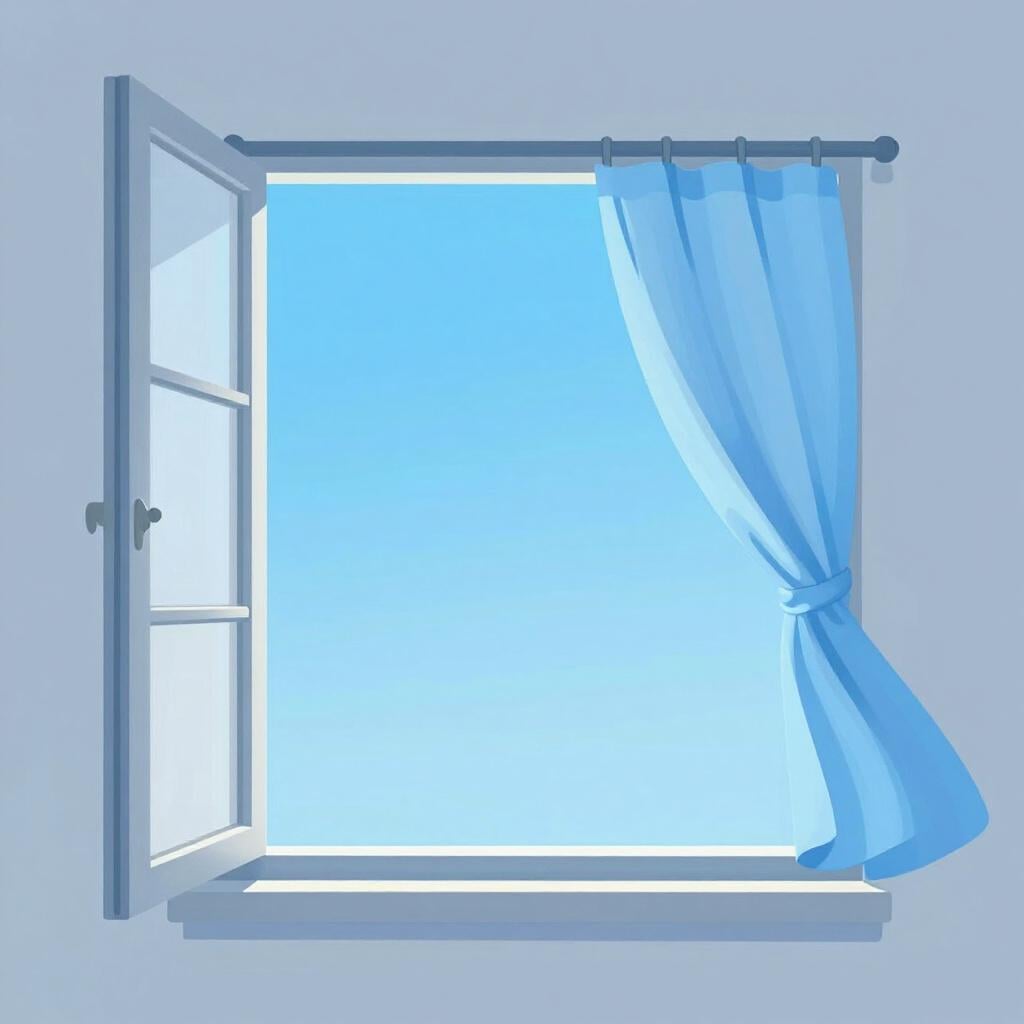 Une fenêtre blanche est grande ouverte, avec de légers rideaux bleus flottant doucement dans une brise, suggérant l'air frais entrant dans une pièce.