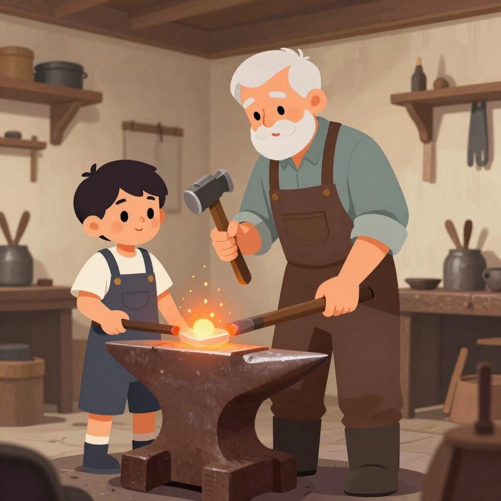 A young apprentice watching an older master blacksmith work at an anvil in a workshop.