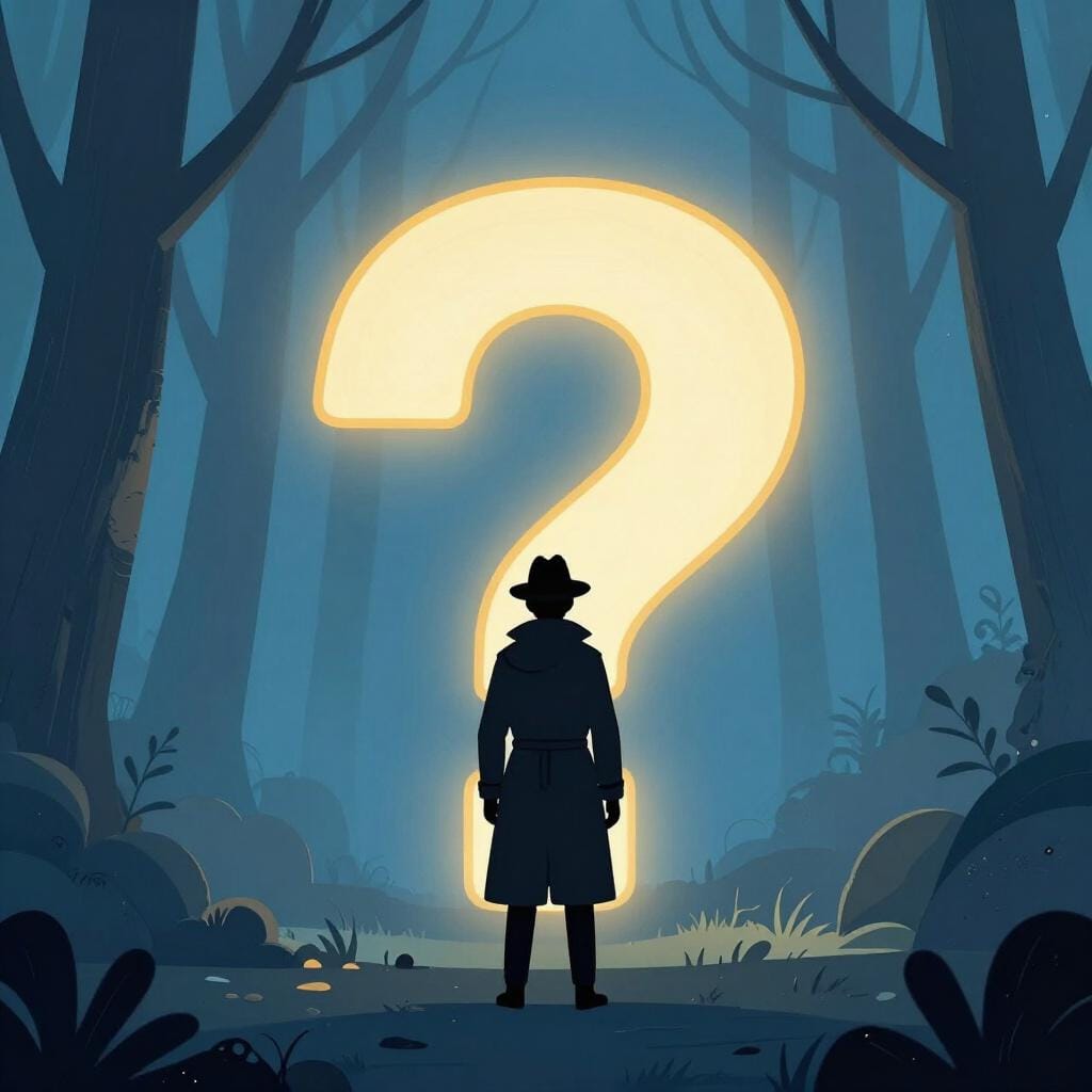 Una figura misteriosa con un lungo cappotto in piedi davanti a un punto interrogativo gigante e luminoso in una foresta nebbiosa.