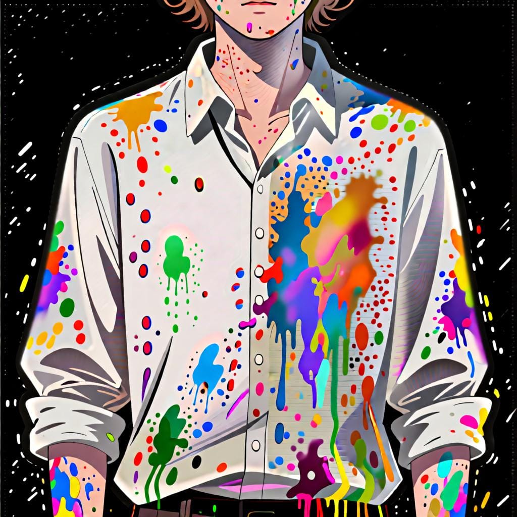 A person wearing a white shirt that is completely covered in colorful paint splatters, illustrating the idea of 'completely' or 'all over'.